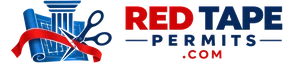 Red Tape Permits logo: a blueprint roll and classical column with scissors cutting a red ribbon